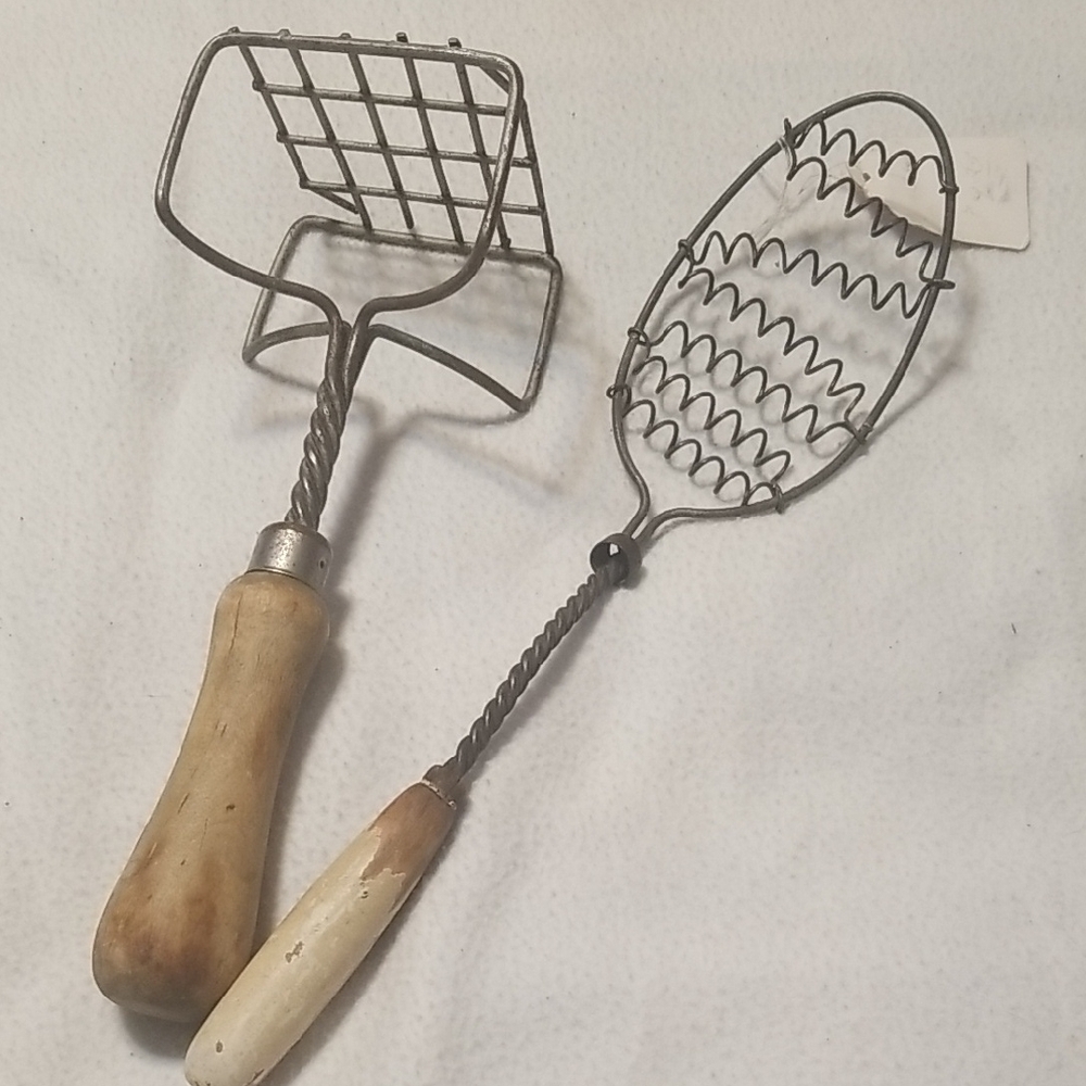 ANTIQUE KITCHEN UTENSILS, 9"POTATO MASHER & 12"WHISK SPOON, EUC